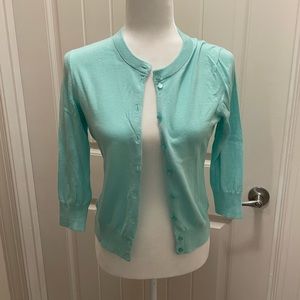 Aqua J. Crew Jackie cardigan. 3/4 length sleeves. Size Small. 100% Cotton.